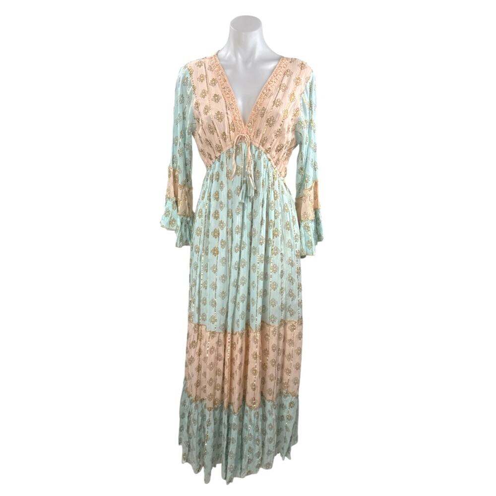 NEW Ananta Blue Long Sleeve Metallic Tapestry Colorblock A Line Maxi Dress L/XL